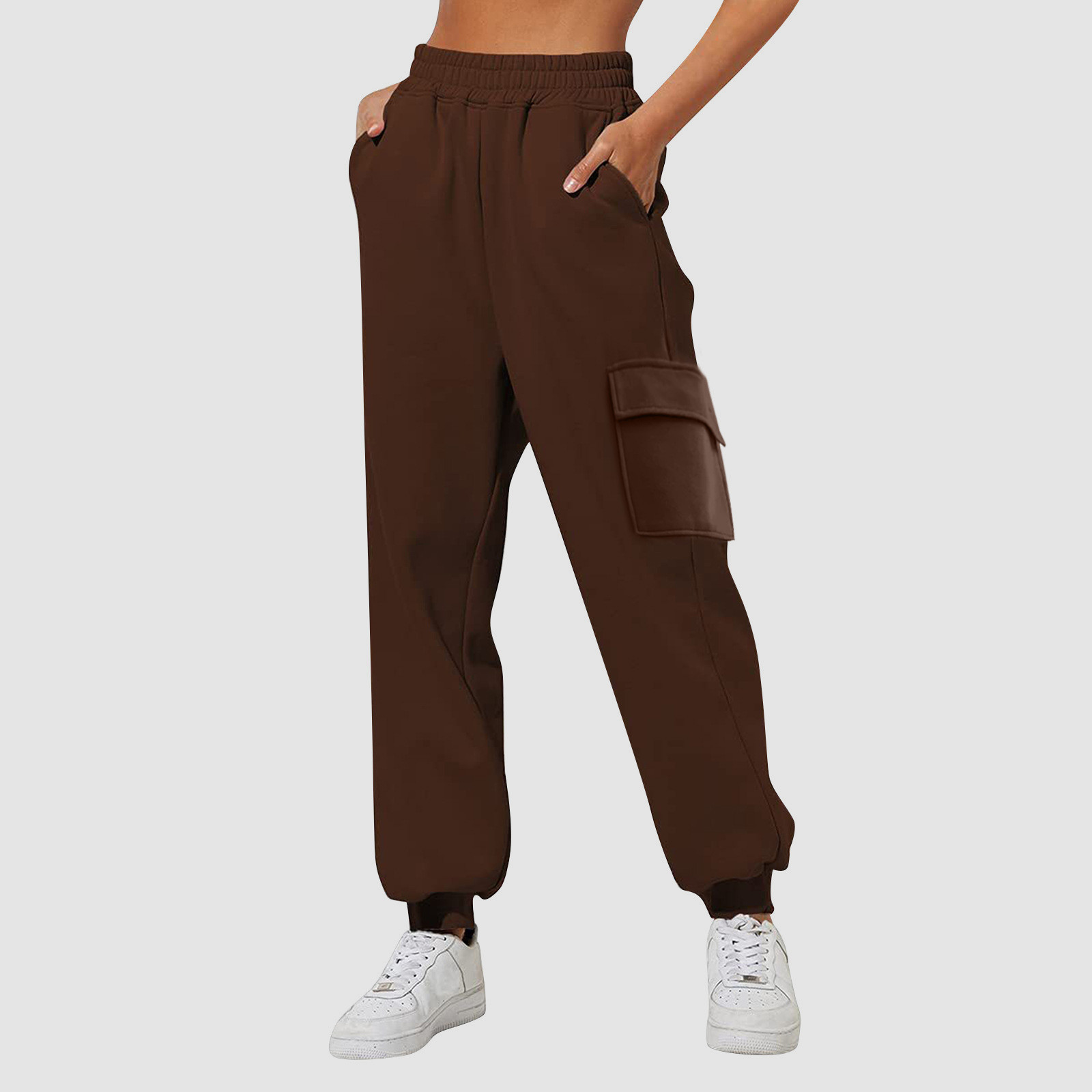 thumbnail image 2 of Pantalones de yoga de cintura alta para mujer: forrados de felpa, cintura elástica, bolsillos laterales, poliéster, pantalones de chándal para hacer ejercicio., 2 of 4